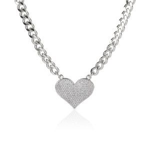 White Gold Plated Micro Pave Heart, CZ Cubic Zirconia Cuban Link Necklace